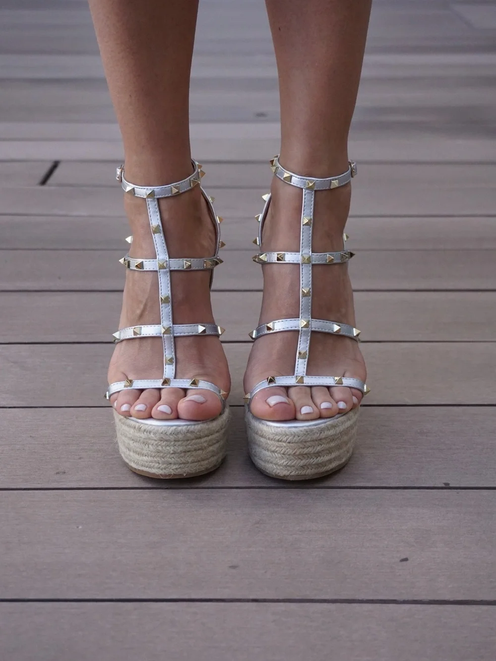 Silver & Gold Studded Espadrille Wedge Sandals Heels